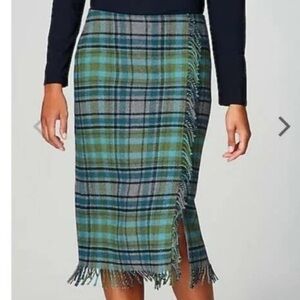 J. Jill Women's Plaid Fringe Wool Blend Pencil Skirt Size 10 Petite gray blue gr